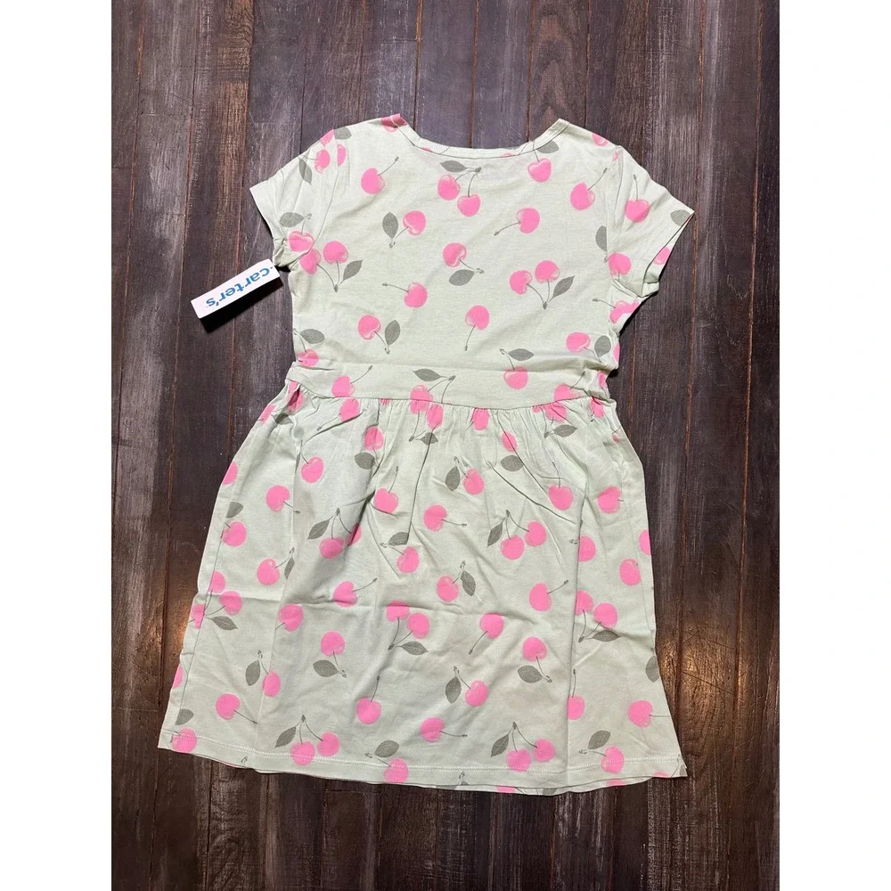 Carters Girls Green Cherry Print Jersey Dress Short Sleeve Size 8